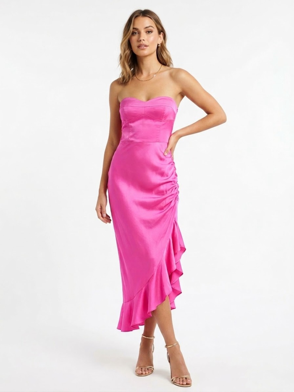 Amanda Uprichard Strapless Silk High-Low Dress in Hot Pink Light
